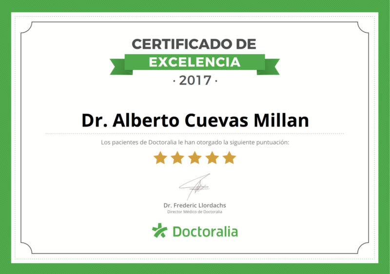Certificado de Excelencia Doctoralia concedido por valoración excelente de pacientes en 2017